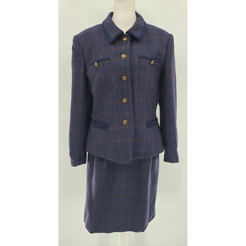 Kasper ASL Tweed Navy Skirt Suit Set 12 Petite‎ Wool Vtg Career Dark Academia
